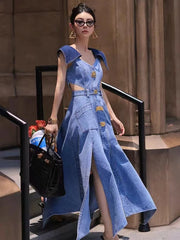 Cyflymder Trendy Fashion Women's Metal Buckle Waist Hollow Out Denim Dress Spring Lapel Sleeveless Split Dresses Female