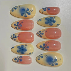 Cyflymder 10Pcs Handmade Manicure Medium Almond Fake Nails French Flower Summer Hot Limited Press On Nails with Adhesive Nail File Set