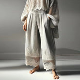 Cyflymder Women Vintage Lace Pants Loose Straight Drawstring Pockets Trouses Summer Female Solid Linen Casual Retro Ethnic Pants
