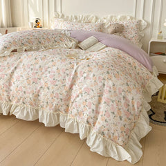 Cyflymder Floral Print Korean Style Princess Lace Ruffles 100% Cotton Bedding Set Duvet Cover Bed Sheet/Fitted Sheet Pillowcases 3/4Pcs