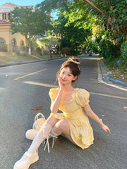 Cyflymder Woman Dress Polka Dot Rainbow Ruffles Square Collar Puff Short Sleeve Elegant Mini Dresses Party Sweet Female Casual