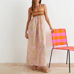 Cyflymder Women Vintage Boho Graffiti Cami Long Dress Spaghetti Strap Square Neck A Line Flowy Sundress Beach Maxi Dress