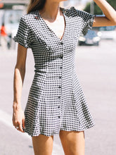 Cyflymder Casual Slim Plaid A-Line Dress Elegant Fashion Basic Deep V-Neck Short Sleeve Ruffles Mini Dresses For Women 2025 Summer