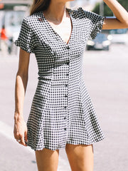 Cyflymder Casual Slim Plaid A-Line Dress Elegant Fashion Basic Deep V-Neck Short Sleeve Ruffles Mini Dresses For Women 2025 Summer