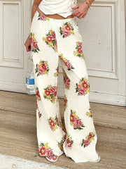 Cyflymder Casual Floral Printed Wide Leg Pants Loose Mid-Waisted Straight Pants Women Autumn Spring Fashion Streetwear Lady
