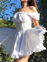 Cyflymder Women Summer Lolita Dress Puff Short Sleeve Square Neck Corset Tie-up A-line Dress Y2K Aesthetic Vintage Dresses Female
