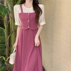 Cyflymder Fake Two Pieces A-Line Dresses Summer Stylish Patchwork Female Clothing French Style Short Sleeve Elegant Solid Color Midi Dress