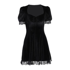 Cyflymder Black Velvet Dress For Women Punk Style Halloween Short Sleeve Lace Gothic Dress Bodycon Pleated Low Cut Sexy Mini Dress