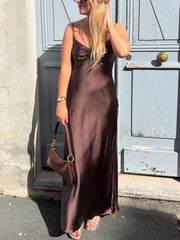 Cyflymder Women Brown Ruched Satin Effect Midi Dress Autumn New Backless Casual Lady Fashion Elegant Luxry Party Long Dresses