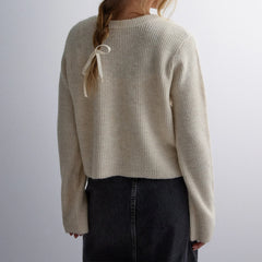 Cyflymder Tie Front Cropped Cardigan Sweaters for Women Crew Neck Long Sleeve Knit Bow Tie Trendy Sweater Tops Winter Fall Streetwear
