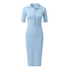 Cyflymder Ribbed Knitted Maxi Dress For Women Half Sleeve V Neck Button Down Shirt Dress Solid Color Bodycon Elegant Long Dresses платье