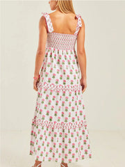 Cyflymder Women Y2k Boho Maxi Dress Sleeveless Tie Shoulder Smocked Flowy Dress Fashion Floral Summer Beach Holiday Sundress