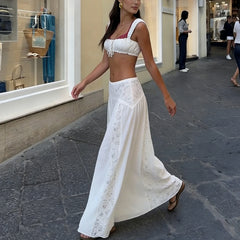 Cyflymder Women 2 Piece Outfit Set y2k Clothes White Tie-up Cami Tops and Lace Patchwork Low Rise Long Skirt 2000s Party Clothing