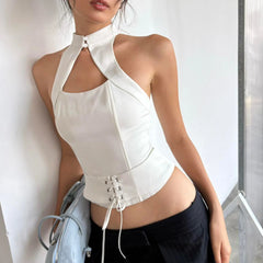 Cyflymder Drunk Sugar Slim Fit Short Tank Top Hollow out Shoulder Design Stand Collar Waist Belt Sexy Style Polyester Spandex Blend