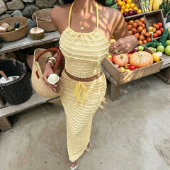 Cyflymder Shirring Vacation Beach 2 Piece Set Women Sexy Lace Up Halter Backless Camis Crop Tops + Bodycon Maxi Skirts Casual Dress Suits