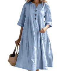 Cyflymder New Solid Color Cotton Linen Comfortable Casual Dresses Women Half Sleeve Loose Dress Gown Female Double Pocket Patchwork Frock