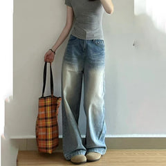 Cyflymder Chic Washed Scratched Wide Leg Jeans Women Vintage Distress Light Blue Straight Denim Trouser Niche Style High Waist Loose Pants