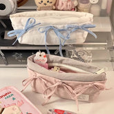 Cyflymder Casual Bow Ribbon Pencil Case for Kids Girl Korean Fashion Pink White Color Stationery Organizer Bag Portable Sweet Pencil Pouch