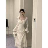 Cyflymder BowJacquard Square Collar Flare Sleeve Dress Women's Autumn/Winter Waist-Fitted Slimming New Chinese Style Soft Long Dress