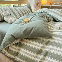Cyflymder Class A 100% Cotton Striped Bedding Sets Yarn Dyed Washed Cotton Breathable Duvet Cover Kit Single Bedclothes for All Seasons