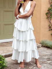 Cyflymder Elegant Lace Sleeveless V-neck Backless Maxi Dress with Ruffled Hemline for Wedding Guest or Formal Event