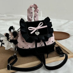 Cyflymder Lolita Black Pink Bow Ruffled Backpack Women Girls Compact Sweet Edgy Commuter Versatile Rucksack Ladies Elegant Mochilas Mujer