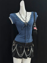 Cyflymder Goth T-shirt Slim Y2k 2000s Fake 2piece Punk Harajuku Crop Top Women V-Neck Sexy Short Sleeve Bow Summer Sweet Basics Tees Chic