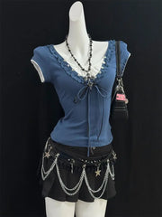 Cyflymder Goth T-shirt Slim Y2k 2000s Fake 2piece Punk Harajuku Crop Top Women V-Neck Sexy Short Sleeve Bow Summer Sweet Basics Tees Chic