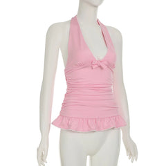 Cyflymder Sweet Slim Bow Folds Halter Tops Solid Ruffles Deep V-Neck Sleeveless Tank Tops Women 2025 Summer Fashion Streetwear