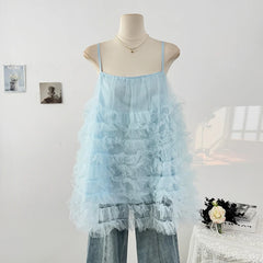 Cyflymder Y2k Tops Women Layered Ruffle Mesh Fluffy Party Fashion Camisole Vest 2025 Summer Solid Sleeveless All Match Tank Top