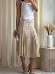 Cyflymder Sheer Mesh Lace Trim Midi Skirt Slim Fit Flared Silhouette Summer Elegant Women Casual Skirt Retro Chic Lady Daily Bottom