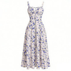 Cyflymder Women's Floral Print Summer Dresses Sweet Elegant Spaghetti Strap Party Dress Casual Lace Up High Waist Flowy Maxi Dresses