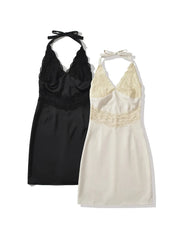 Cyflymder Sexy Patchwoek Lace Sheer Dress for Women Halter Sleeveless High Waist Backless Bodycon Fashionable Dresses Female