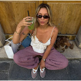 Cyflymder Plaid Print Elastic Drawstring High Waist Jogger Pants Cuff Hem Loose Fit Summer Women Bottoms Soft Causal Lady Pantalones