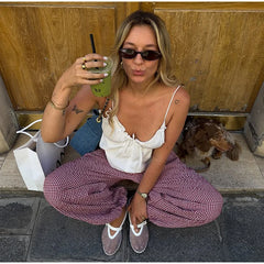 Cyflymder Plaid Print Elastic Drawstring High Waist Jogger Pants Cuff Hem Loose Fit Summer Women Bottoms Soft Causal Lady Pantalones