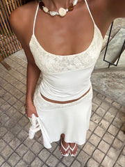 Cyflymder White Lace Patchwork 2 Piece Dress Sets Sexy Halter Short Tanks+A-line Skirts Women Sets Summer New Women Holiday Beach Outfits