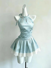 Cyflymder Korean mint green halterneck dress summer resort style lace spliced short skirt for women