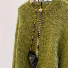 Cyflymder Women's Fashion Simple Casual Green Soft All Match Knitted Sweater Female O Neck Long Sleeve Loose Pullover Tops Sweaters Winter