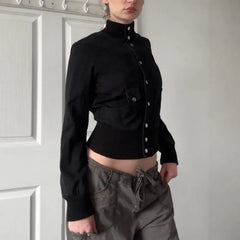 Cyflymder Early Autumn New American Safair Big Pockets Stand Collar Cardigan Y2k Spice Slim Waist Short Casual Coat Single Breasted Jacket