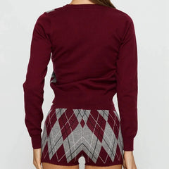 Cyflymder Argyle Plaid Knitted 2 Piece Set Vintage Botton Up Long Sleeve Sweater Cardigans + Slim Fit Shorts Y2k Women Outfits