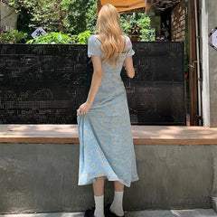 Cyflymder French Style Puff Sleeve Broken Flowers Dresses Summer Sweet V-Neck Women's Clothing Backless A-Line Fashion Split Long Dress