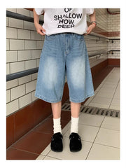 Cyflymder Women's Retro Minimalist Washed Blue Unisex Cropped Cool Girl Baggy Denim Shorts Summer Female Fashion Knee Length Pants