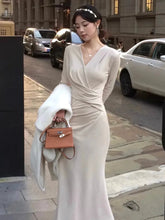 Cyflymder Korean Solid Mermaid Dress for Women Autumn V-neck Long Sleeve Folds Slim Bodycon Vestidos Elegant Evening Party Prom Robe Mujer