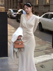 Cyflymder Korean Solid Mermaid Dress for Women Autumn V-neck Long Sleeve Folds Slim Bodycon Vestidos Elegant Evening Party Prom Robe Mujer