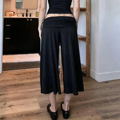 Cyflymder Women's Casual Solid Folds Waist Loose Half Pants Summer Elegant Elastic Rise Soft Knitted Flared Knee-Length Trousers Chic