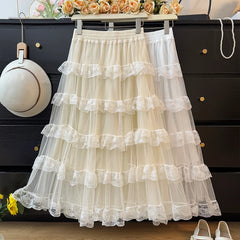 Cyflymder Fairy Lace Spliced Mesh Layered Cake Skirt Women 2025 Spring High Waist Folds A-line Long Skirts Sweet Beach Clothing