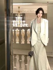 Cyflymder White Satin Suit Jacket Women's New Spring and Autumn Design Sense Elegant Retro Wide Shoulder Blazer