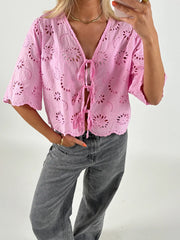 Cyflymder Women s Short Sleeve V-Neck Hollow Out Casual Blouse Tie Front Solid Color Loose Fit Summer Top Streetwear Fashion