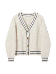 Cyflymder Autumn Loose Korean Contrast Color Striped V Neck Casual Single Breasted Knitted Sweaters