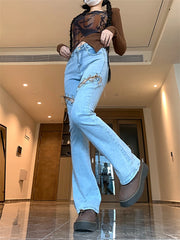 Cyflymder Women's Hollow Out Strap Design Slim Flared Pants Cool Girl High Waisted Streetwear Fashion Pants Female Vintage Denim Trouser